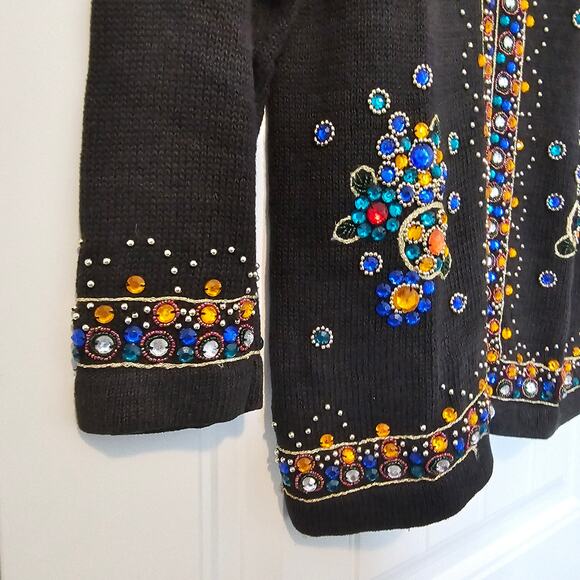 Vintage Beaded Sweater Womens Medium Black 90s Embellished Glam Whimsygoth Retro - Picture 4 of 9